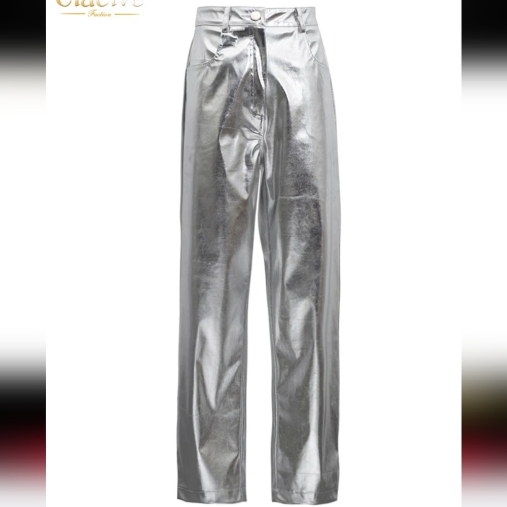 Silver Metallic Faux Leather Pants Small | High Rise Statement Trouser